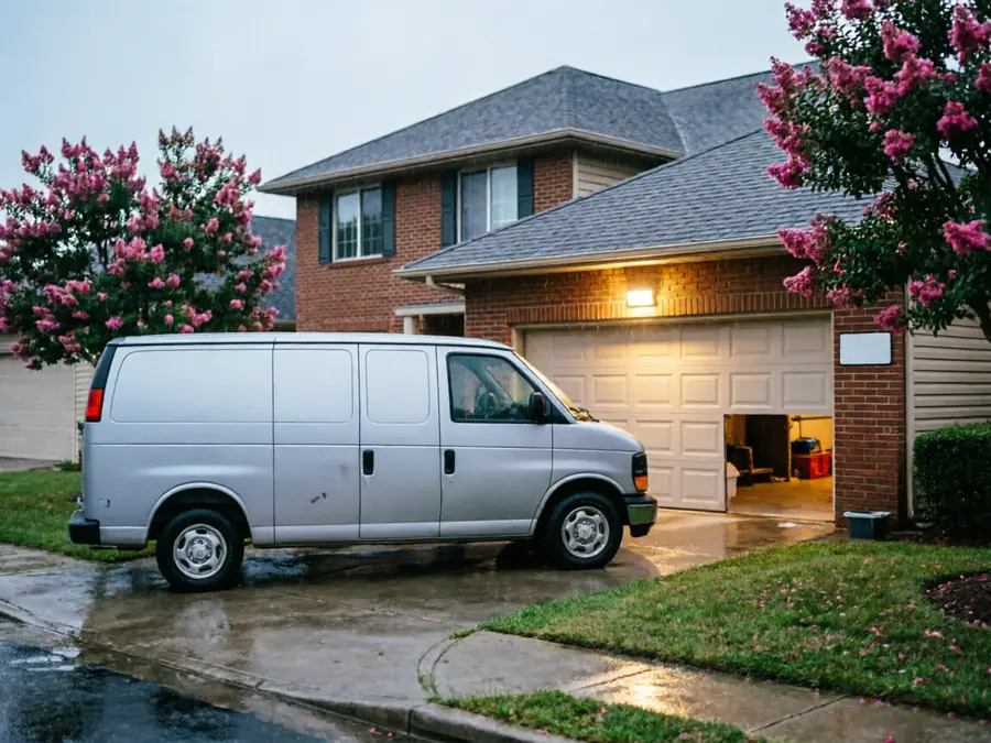 A silver van is parked in a driveway with a partially open garage door.