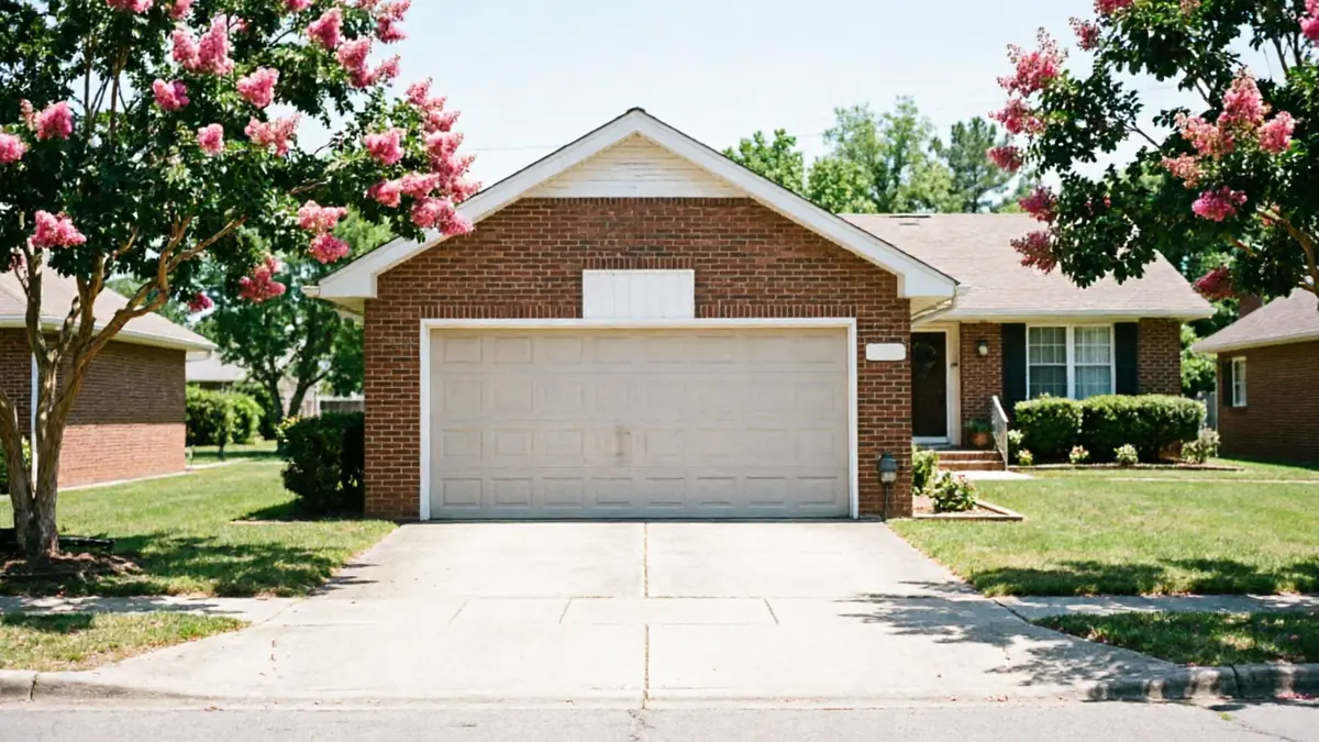 A brick house with a light-colored garage door and a concrete driveway.