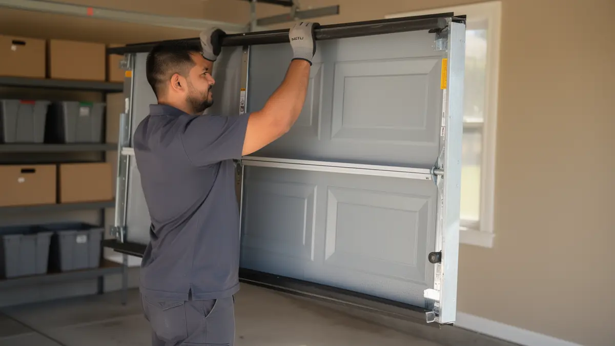 A technician in gloves is installing a gray garage door panel.