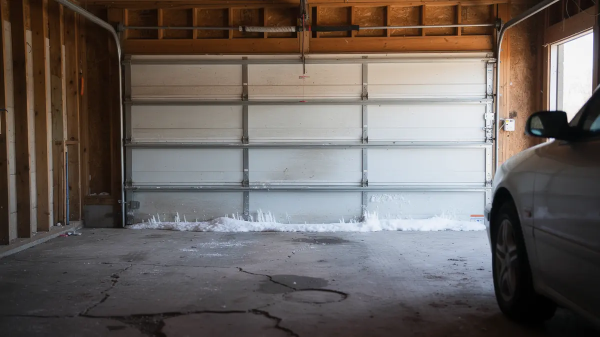 The white garage door has ice and snow at the bottom.