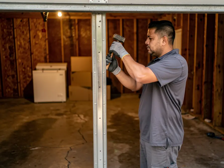 A technician hammers a garage door track in a garage with a freezer.