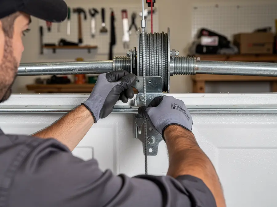 A technician adjusts a garage door cable drum and torsion spring.