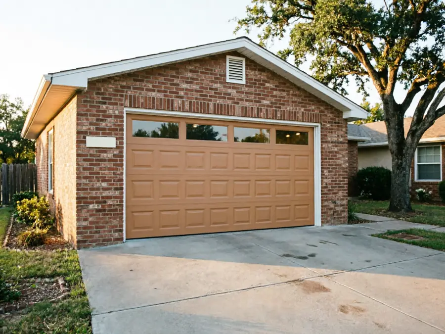A brown garage door with windows on a brick house.