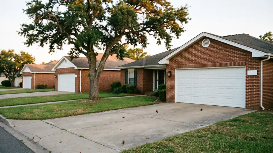 Three brick houses with white garage doors and green lawns line a street.